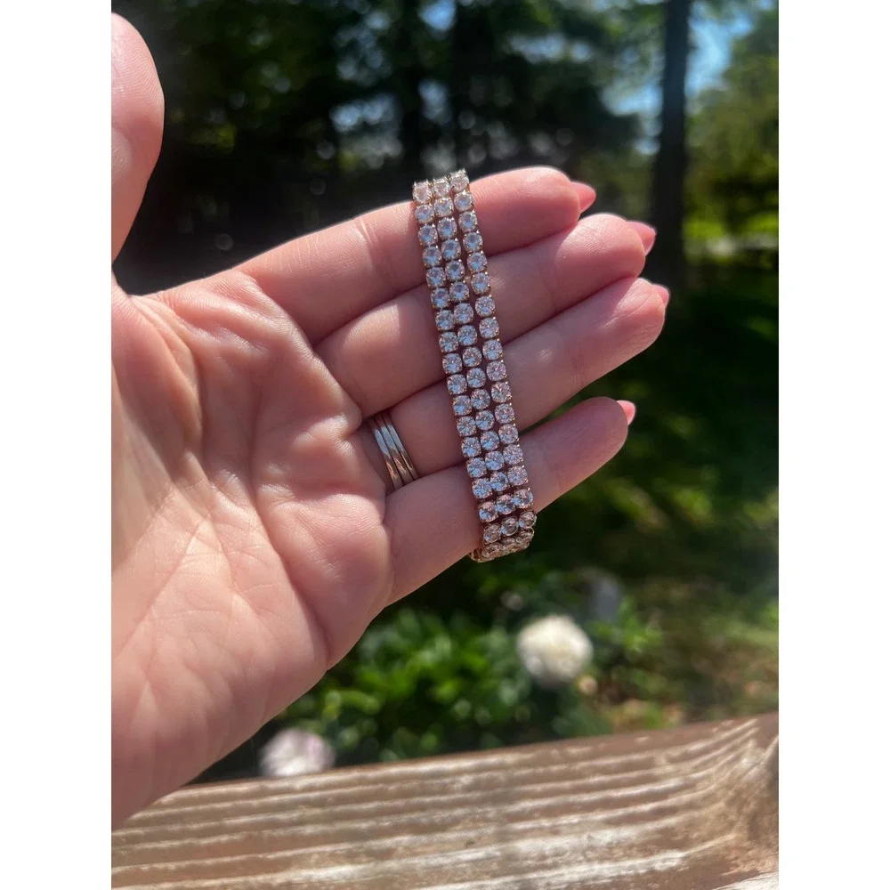 Vtg Triple Row Rhinestone Tennis Bracelet Gold Tone Clear Glam Hollywood